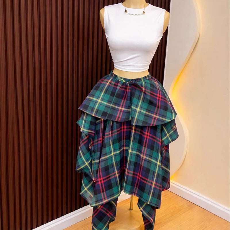 New African Fashion Sweet Checkered Print Skirt Women Summer Streetwear Irregular Patchwork High Waisted Skirt Female Bottoms