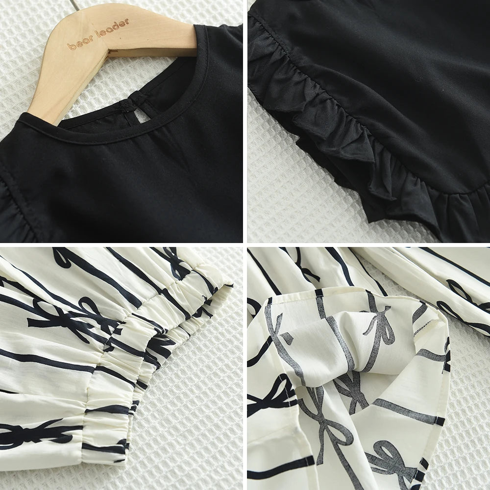 Fashion Black and White Summer New Girls' Casual Clothes Korean Version Sleeveless Pleated Vest+bow Striped Printed Pants Set