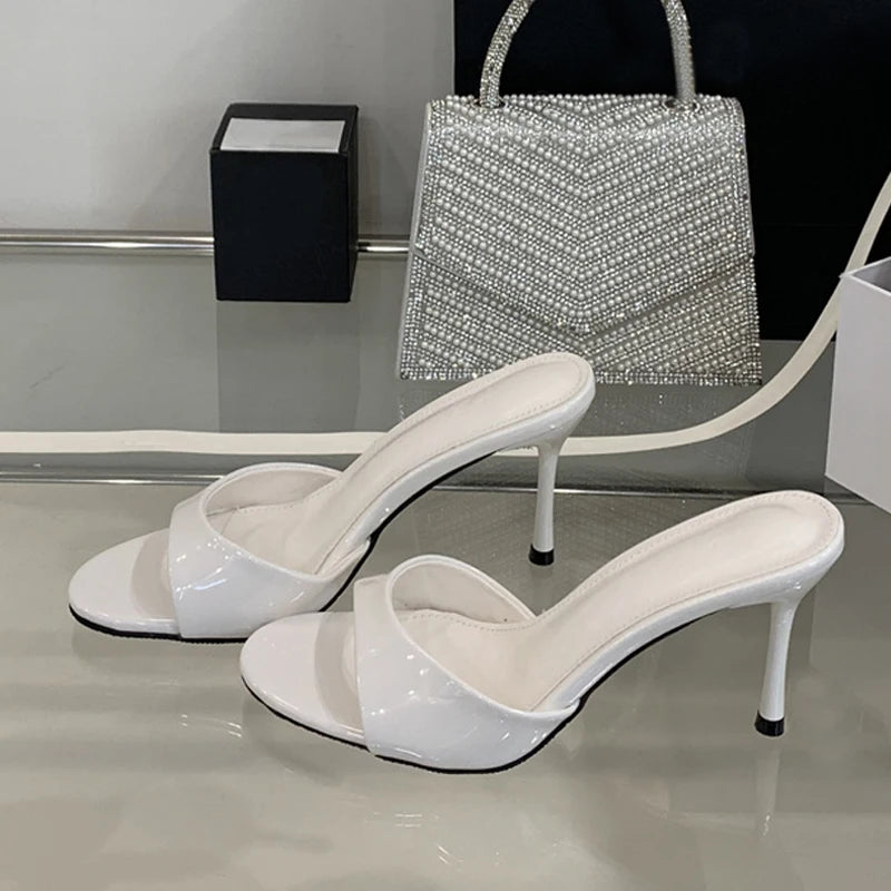 Liyke White Patent Leather Women Slippers Sandals Fashion Round Open Toe Thin High Heels Mules Slides Summer Party Dress Shoes