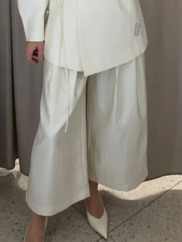Women Elegant Solid Lace-up Blazer Set Lady Chic V-neck Full Sleeve Loose Coat Wide-leg Pants Suit 2026 Casual Commute Outfit