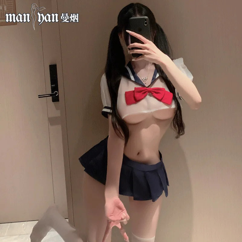Japanese Sexy College Style Role Play Pure Student Set Sweet Perspective Cute Girl Teasing JK Erotica Uniform Super Short Skirt