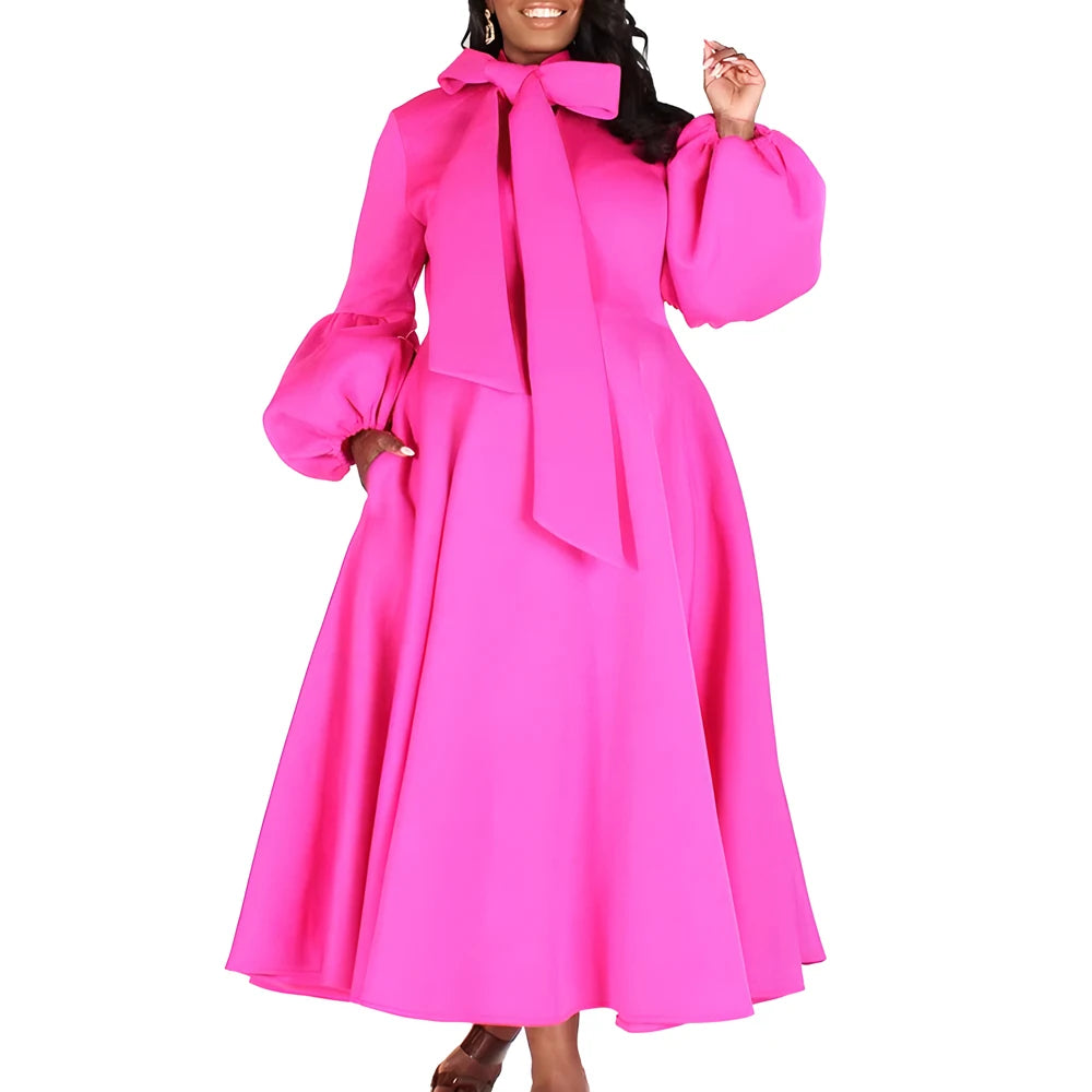 Church Dresses for Black Women African Vintage Fashion Bow Neck Formal Party Dress Ladies Elegant Swing Evening Dress Nice