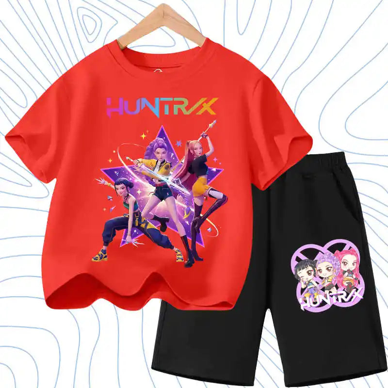 Kids Fashion Outfits Teen Children's O Neck Short Sleeve Tops Shorts 2pcs Summer Girls Casual T Shirt Sets K POP Cartoon Printed