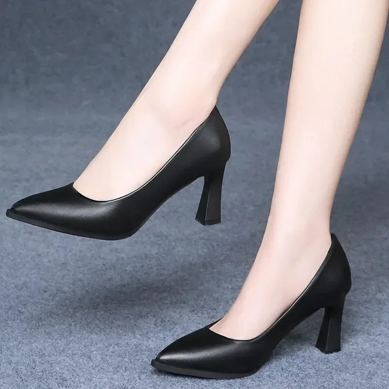 Black Women's Pumps 6-8cm Heel Soft PU Leather Non-slip Single Shoe Professional Interview High Heels Mid Heeled Work Shoes
