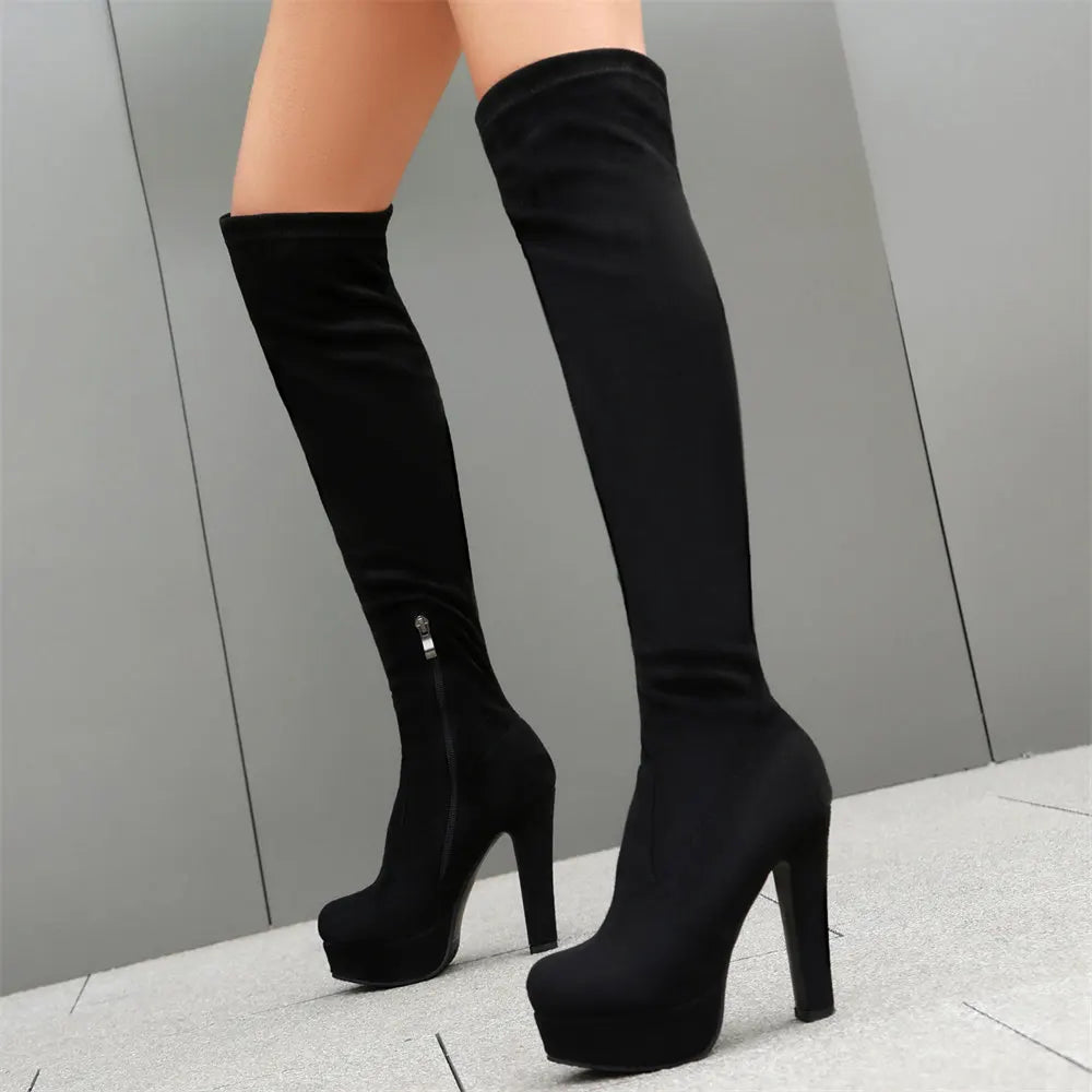 Plus Size 46 Classic Black Over The Knee Boots With Zipper Sexy Platform High Heels Boots Women Shoes for Party Skinny boots