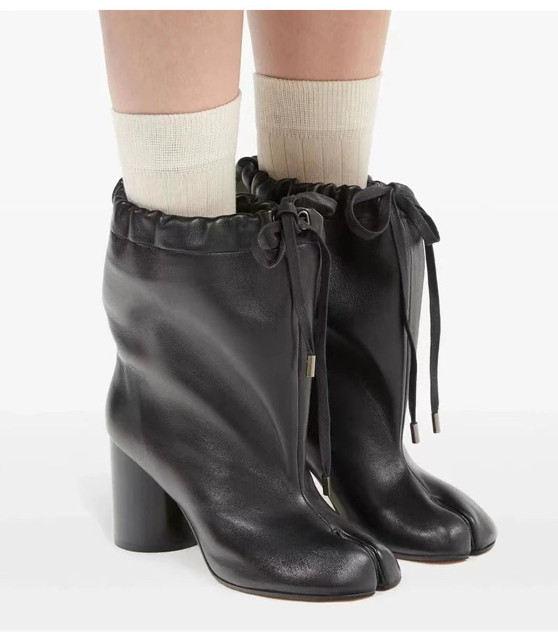 Street Style Fashion Split Toe Women Mid-calf Boots Autumn Winter Genuine Leather Tabi High heels Modern Chunky Booties Shoes