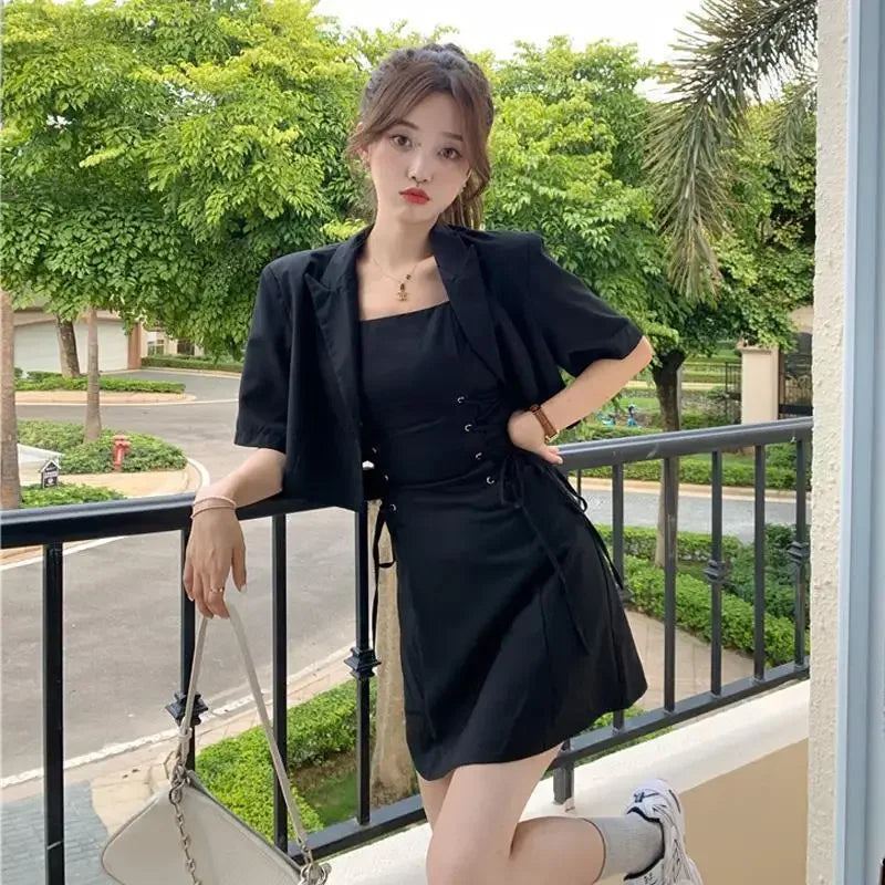 Dress 2 Pieces Sets for Women Lightly Cooked Kawaii Suits Short Sleeve Korea Top and Bottom Summer Clothes 2025 Y2k Woman Outfit