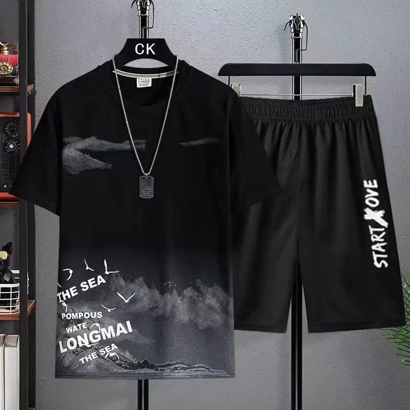 2025 Summer Thin Casual Quick Drying Two Piece Set Men's set sports outdoor running Short Sleeve T shirt +Shorts Tracksuit Sets