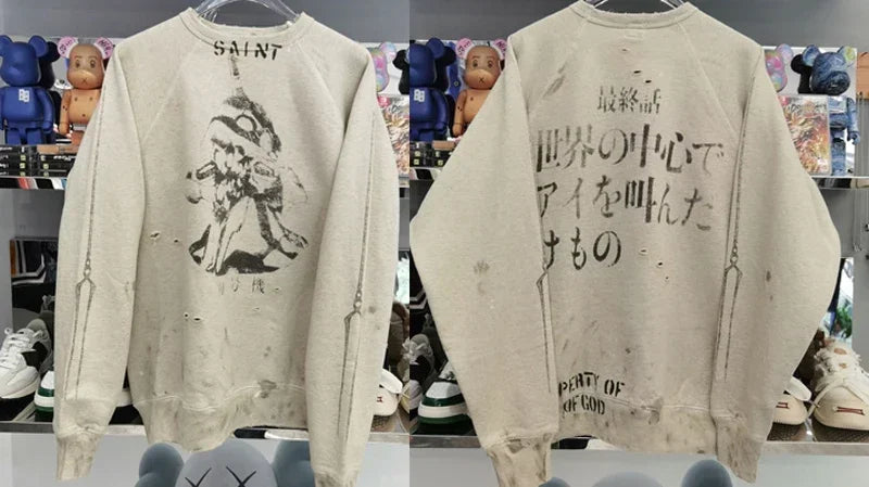 Real Photo Portrait Graffiti Print Saint Hoodie Wash Do Old Destroy Loose Pullover Casual Women Men Sweatshirt