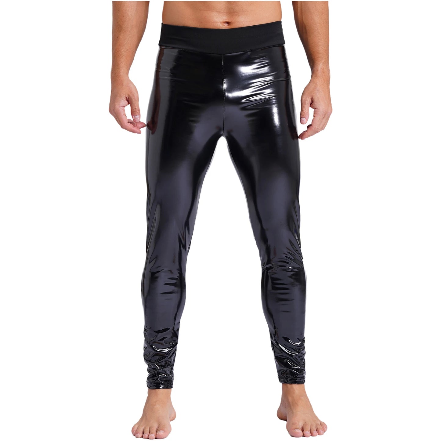 Mens Stretchy Leggings Skinny Trousers Fashion Patent Leather Latex Long Pants High Waist Rave Party Clothings Wet Look Clubwear