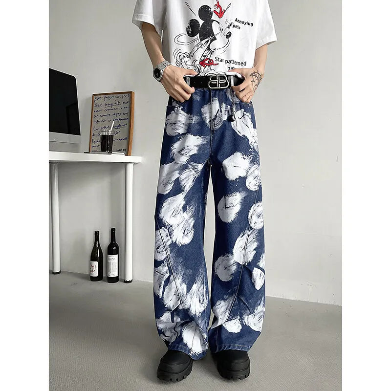 Straight Loose Fit Printed Streetwear Jeans Unisex Urban Fashion Trendy Casual Denim Pants mens Hip Hop Oversized Comfort 2023