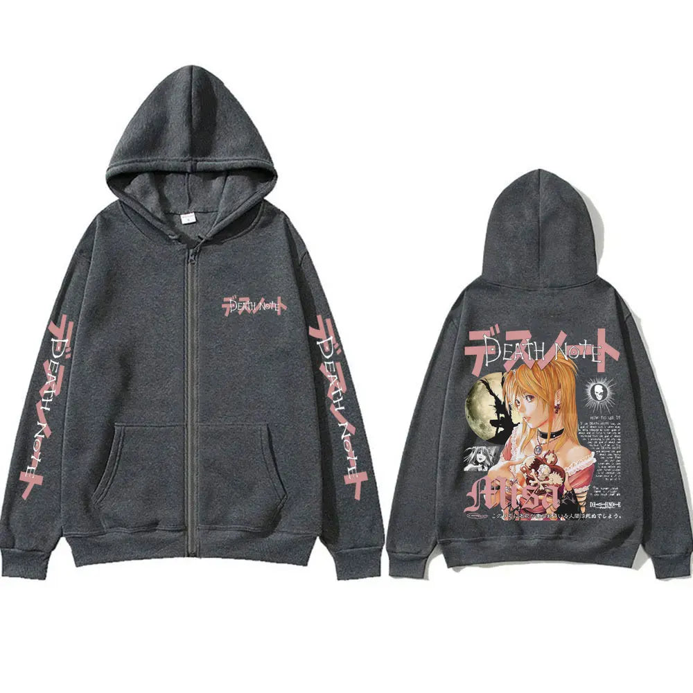 Japanese Anime Death Note Misa Zipper Hoodie Men Women Casual Oversized Cotton Zip Up Jacket Unisex Vintage Zip Up Sweatshirt BAZAARHUBO