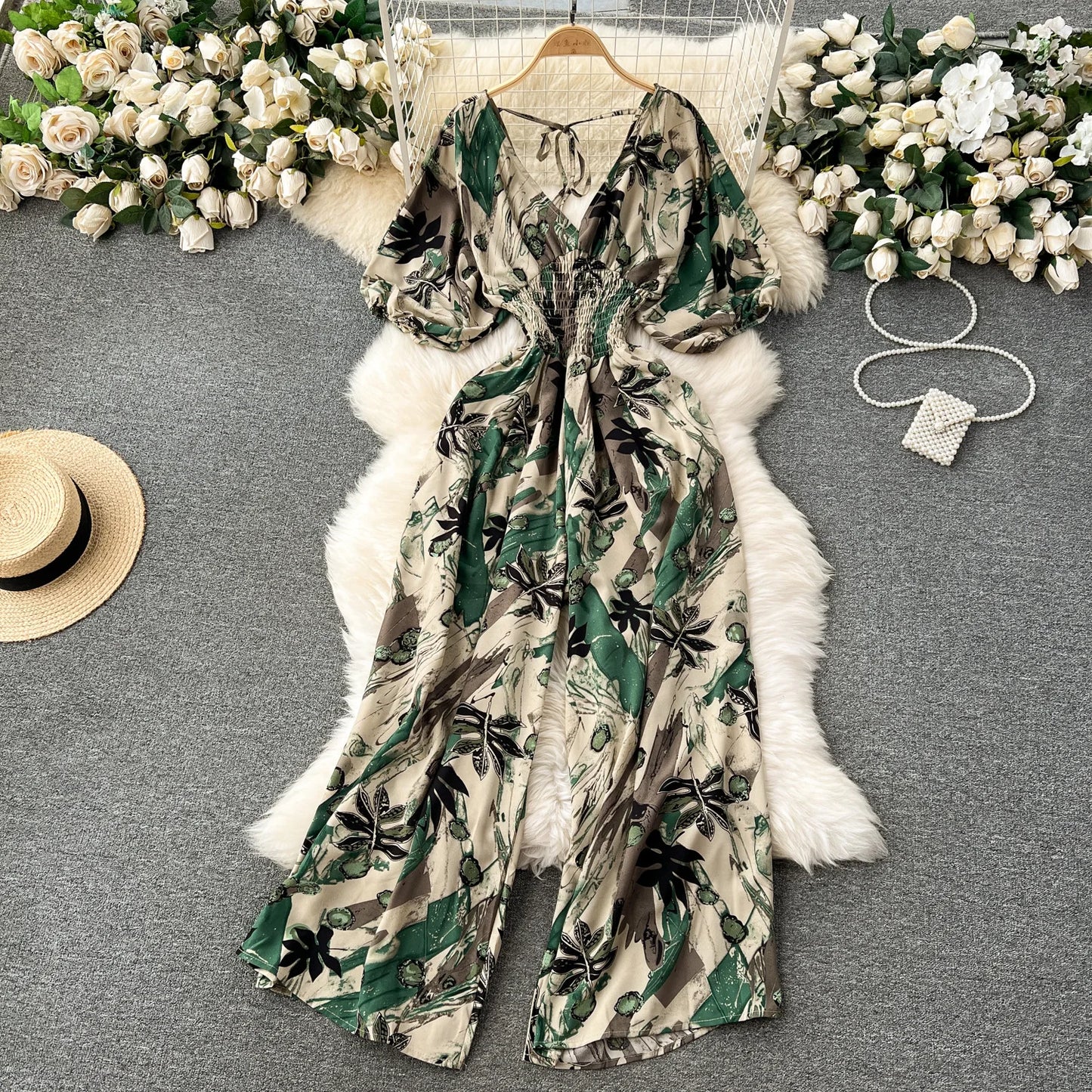 V Neck Sexy Dolman Sleeves Waist Slim Floral Print Jumpsuit Women Wide Leg Trousers Jumpsuit