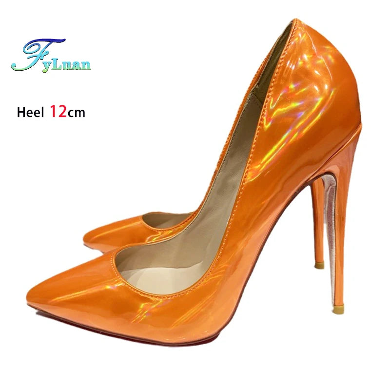 Orange Mirror High Heels 8CM 10CM 12CM Fashion Glossy Holographic Women Shoes For Nightclub Club Party Size 45 Thin Heel Pumps