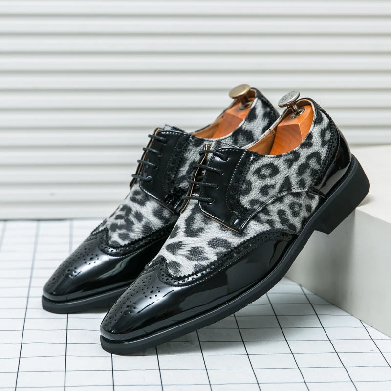 2025 Fashion Leopard Dress Shoes Man Pointed-Toe Lace-up Luxury Man Comfortable Leather Shoes For Men Plus Size 48 Oxford shoes