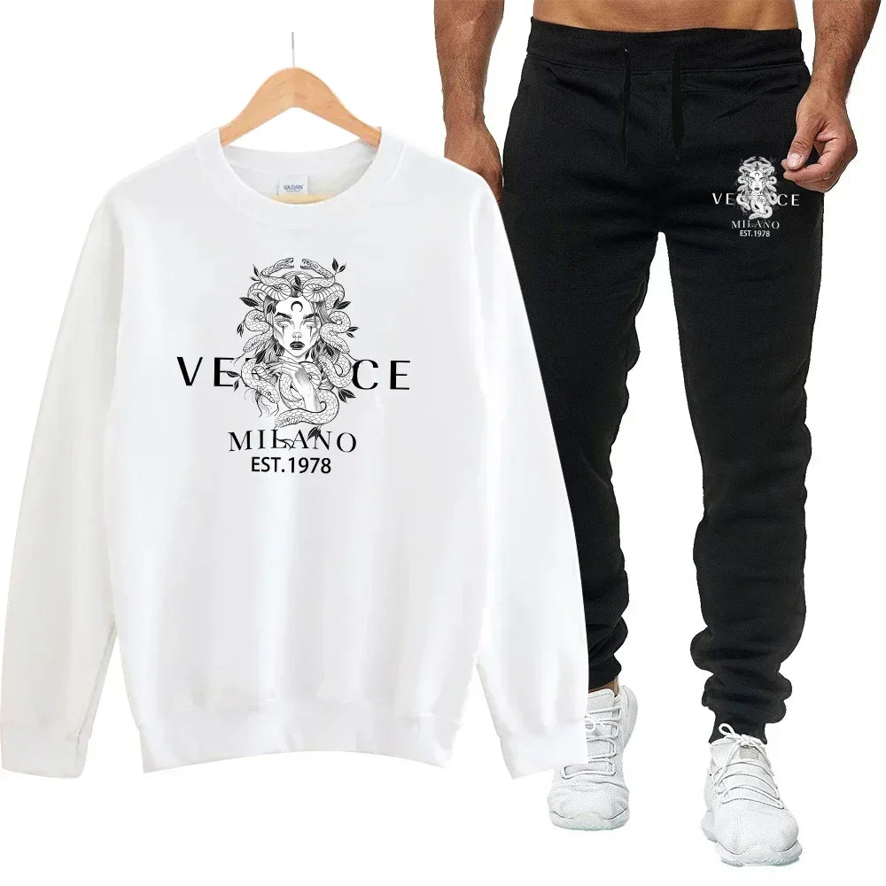 Men's Autumn Round Neck Sweatshirt + Sweatpants Luxury Print Simple Casual Versatile Casual Sports Two-piece Set for Men