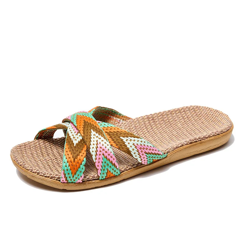 Summer Women Linen Slippers Home Ladies Lightweight Indoor Anti Slip Shoes Thick Sole Beach Slides Bohemian Style