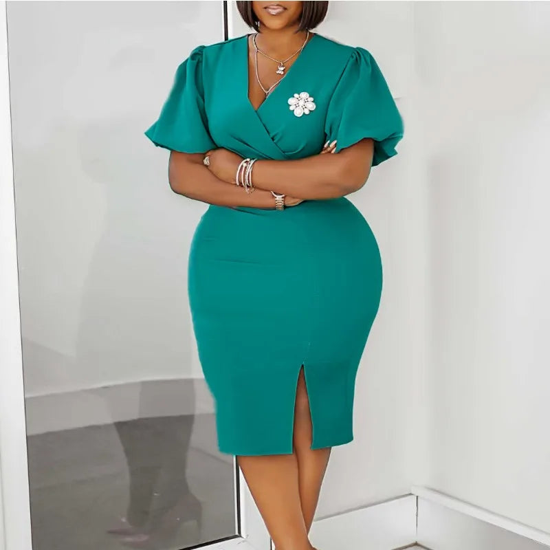 African Dress for Women with Brooch Sexy Elegant Puff Short Sleeve V Neck Corset Bodycon Office Lady Wedding Guest Work Dress