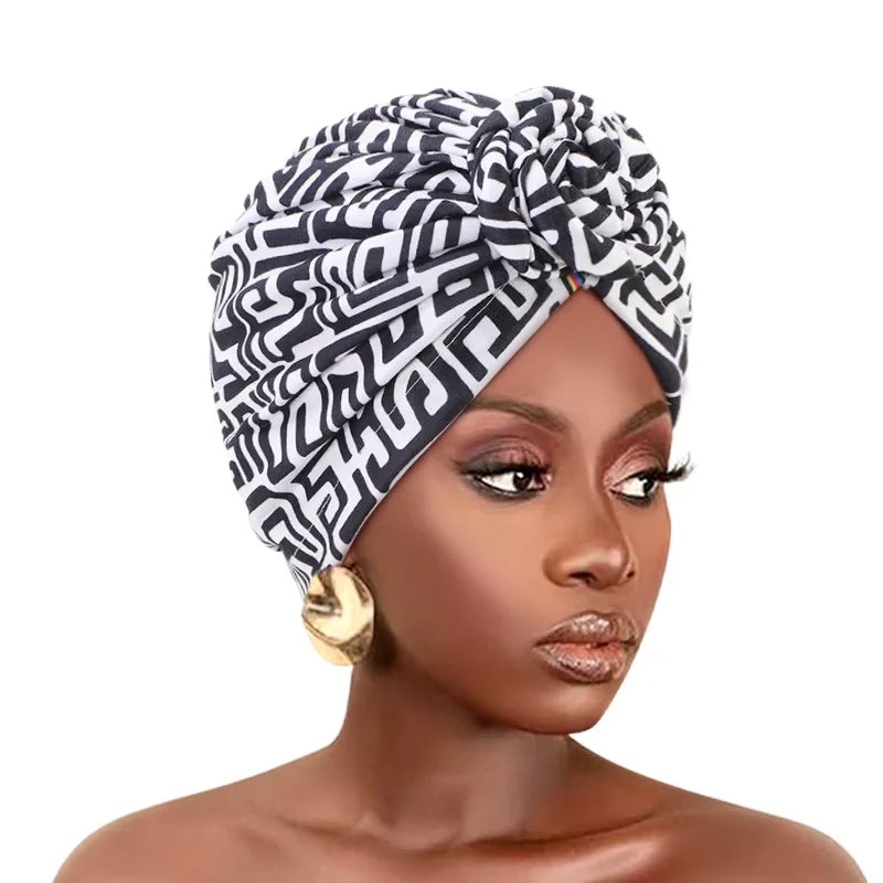 New African Knot turban Trend Floral Beanie Pre Tied Front Knot Elastic Head Wrap Elegant Women Chemo Cap Bandana Headwear