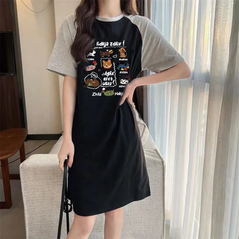 A Summer Japanese Popular Cartoon Cute Puppy Printed Loose Round-neck Short-sleeved Dress for Women