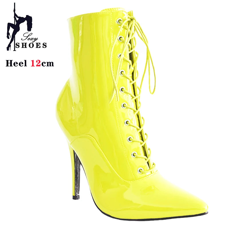 Cross-tied Pink Pointed Toe Ankle Boots 12cm Sexy Fetish Stripper Shoes Patent Leather ZIP Short Boots Women Heels Plus Size 46