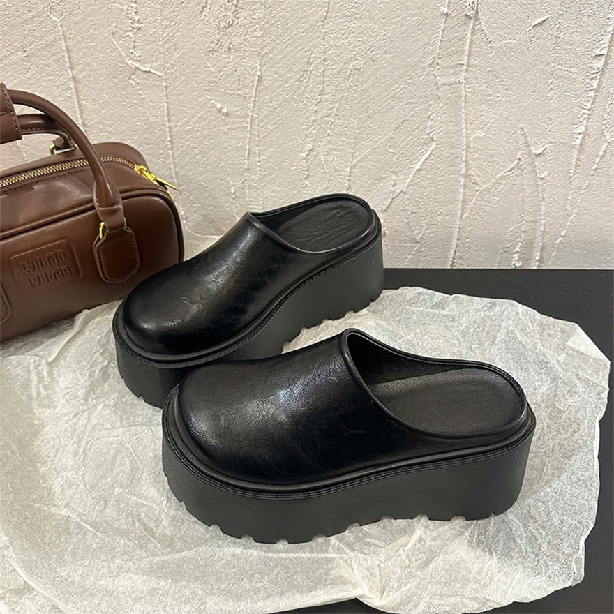 Sandals Summer 2026 New Women Slippers Baotou Platform Trend High Heels Ladies Shoes Pumps Black Soft Leather Thick Slides Mujer