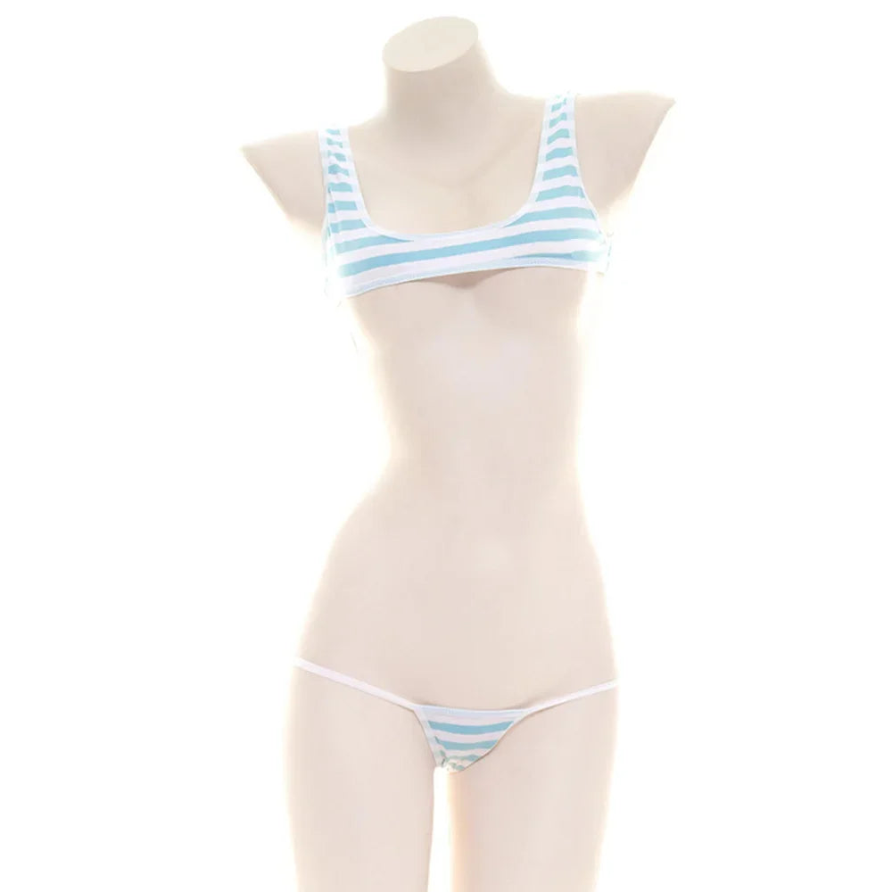 Sexy Japanese Style Blue White Stripe Bikini Swimsuit Striped Halter Micro Bikini Set Love Female StudenLolita Kawaii Swimsuit