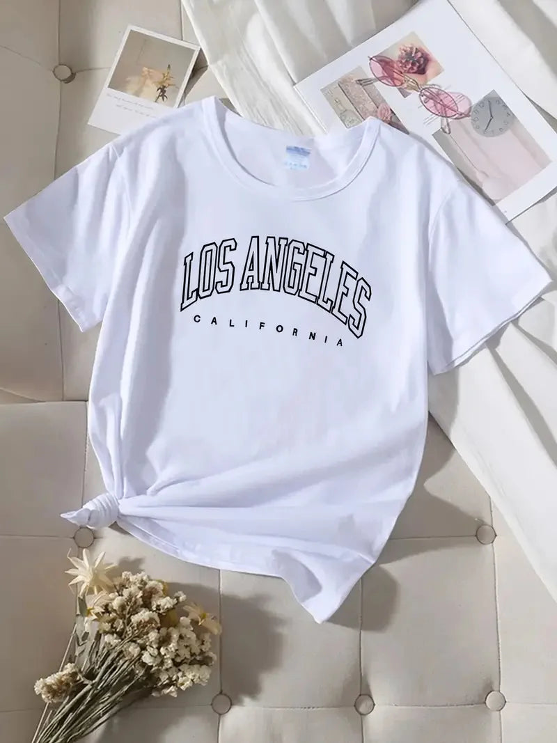 LOS ANGELES Letter Print Crew Neck T-shirt, Casual Loose Short Sleeve Fashion Summer T-Shirts Tops, Women's Clothing