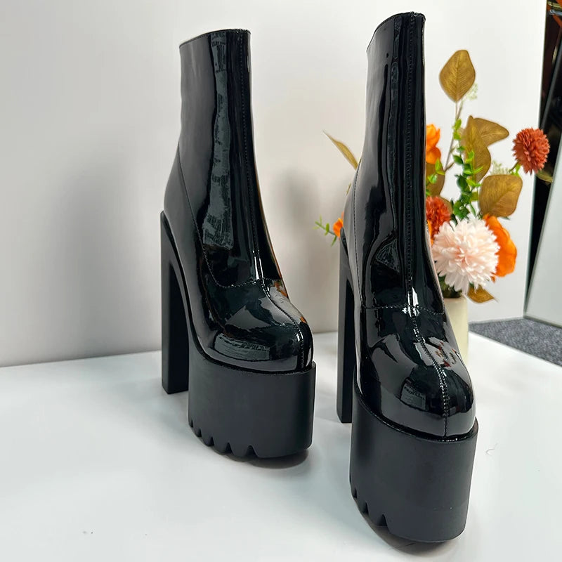 16CM Super High Heels Motorcycle Boots New Square Heel Platform Women Ankle Boots Sexy White Pleated Back Zipper Short Boots