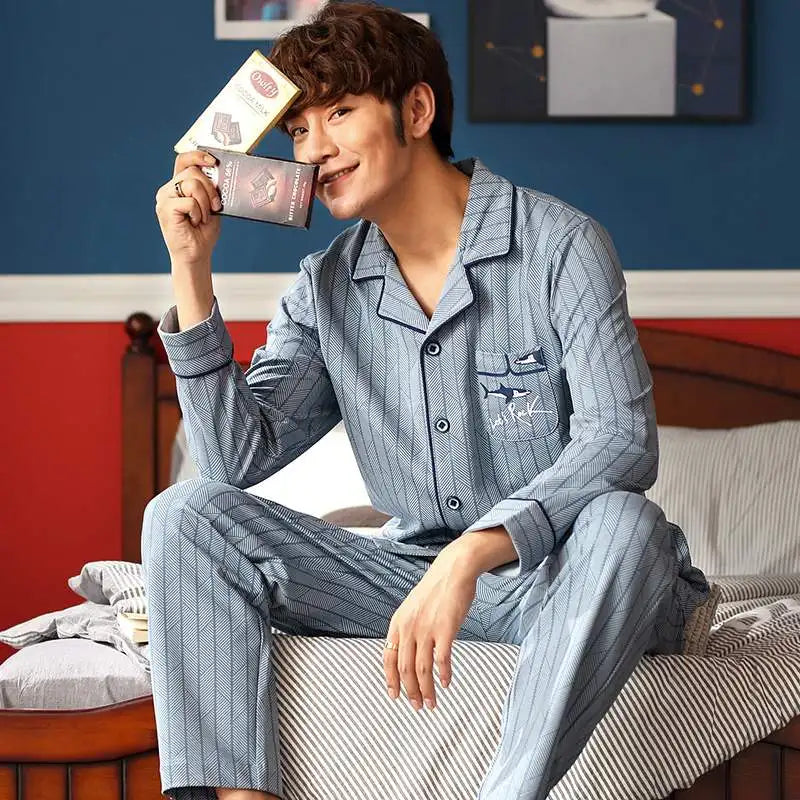 Pajamas for Men Spring and Autumn Long-Sleeved Young Men's Simple Casual Lapel Autumn and Winter Home Wear Set