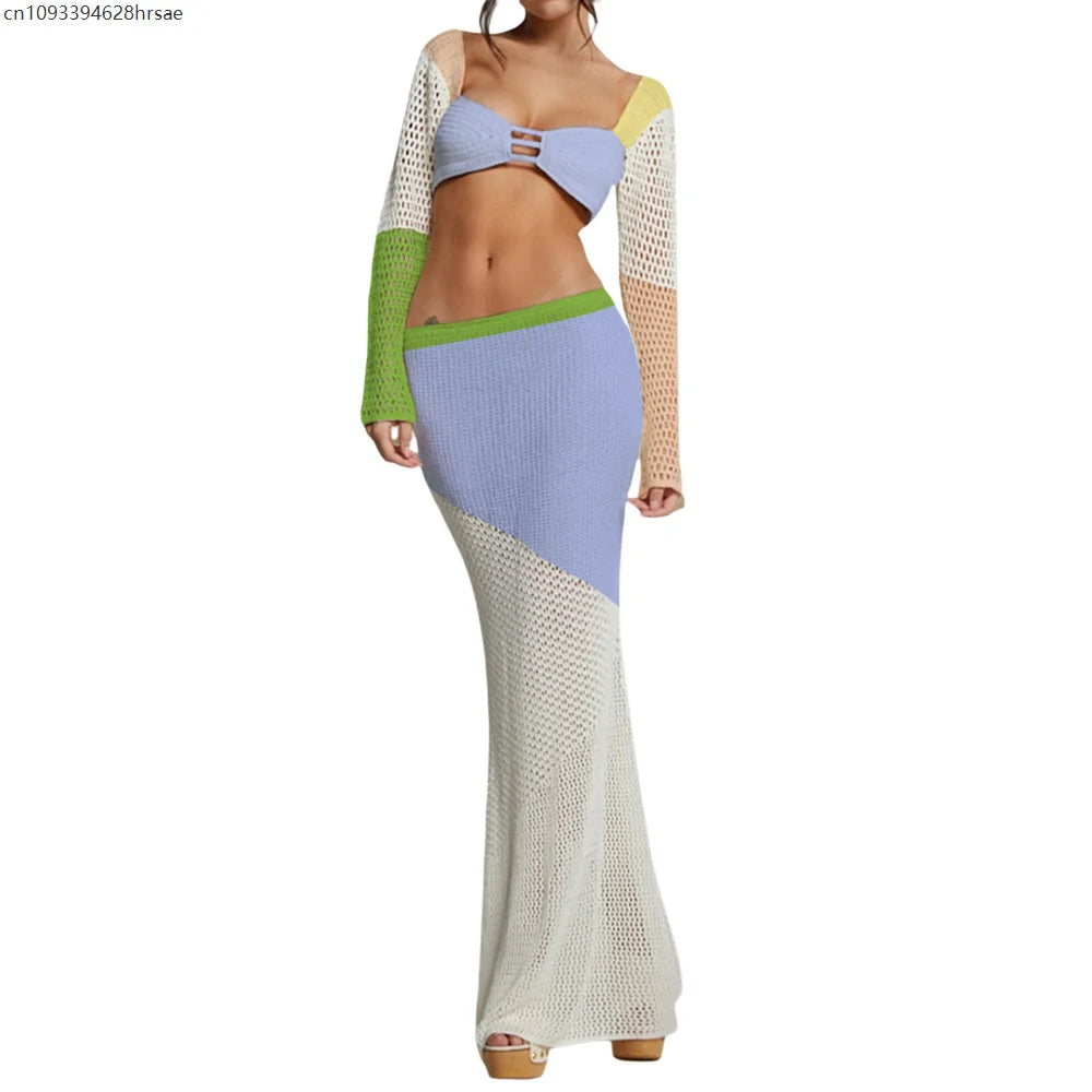 Sexy Party Knitted Two Piece Set Short Crop Top And Skirts Slim Bodycon 2 Pieces Sets Women 2025 Spring Summer Outfits