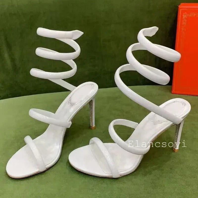 Sexy Thin Heels Sandals Summer Women Real Leather Ankle Snake Shaped Winding Banquet Shoes Summer High Heels Gladiator Sandalias
