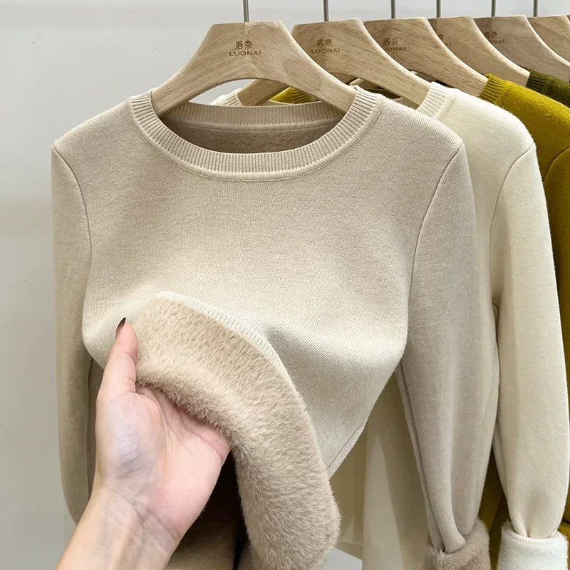Women's O-neck Velvet Thicken Sweaters Winter Slim Warm Long Sleeve Knitted Tops Casual Plush Fleece Lined Soft Pullovers Ladies