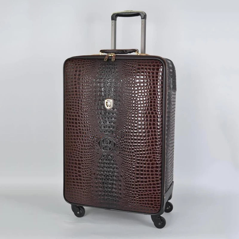 Crocodile pattern leather rolling luggage 16/20/24 inch boarding trolley suitcase real leather men's and women's travel luggage