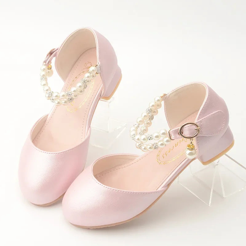 Pink Black White Party Wedding Shoes Children's High Heels Girl Shoe Elegan Pearl Princess Dress Girls Heel Shoes Child 2024 New