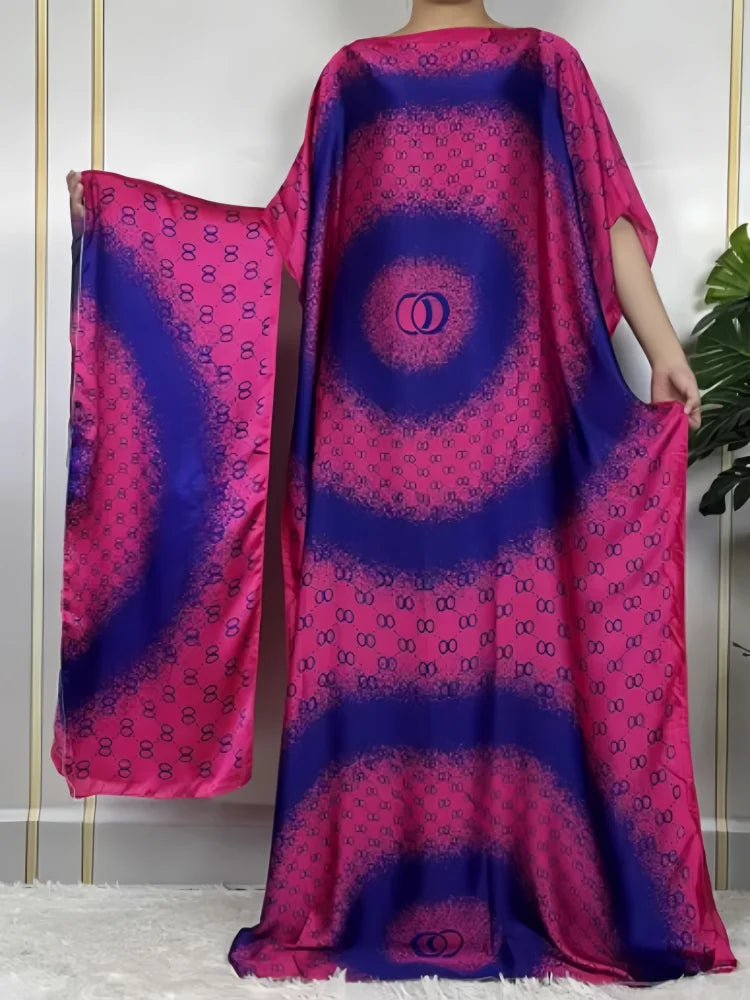 Summer New Fashion African Dresses For Women Elegant Printed Silk Muslim Lady Long Hijab Kaftan Dress Oversize Kuwait Abaya