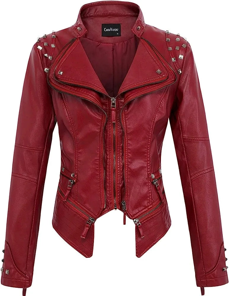2025 Spring Women PU Leather Jacket With Suit Collar And Rivet Waist