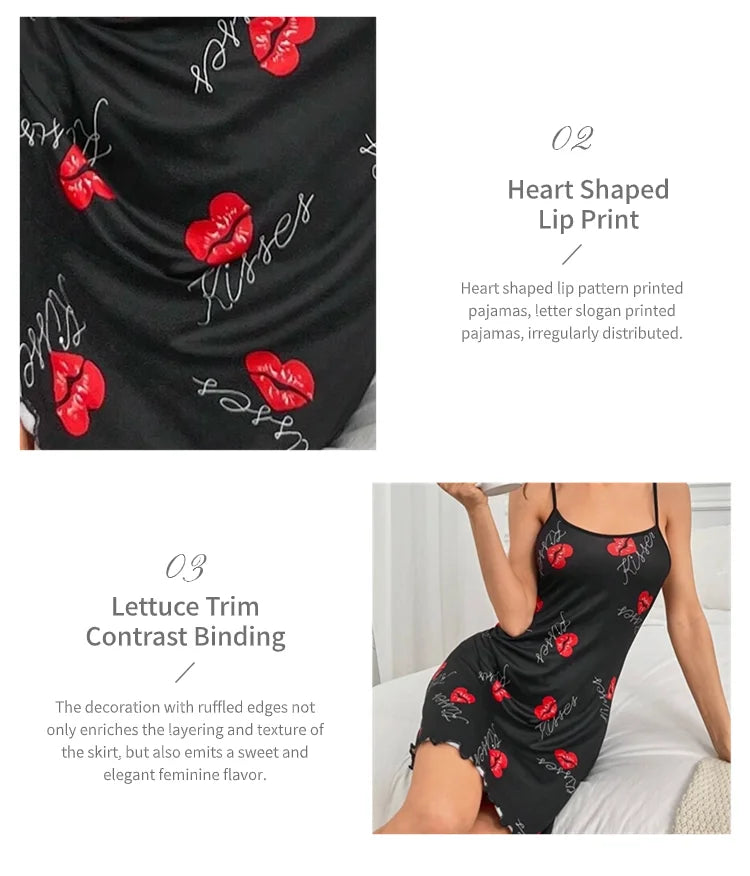 Heart Print Lettuce Trim Slip Nightdress Casual Round Neck Backless Night Dress Women's Sleepwear Home Loungewear Pyjama Femme