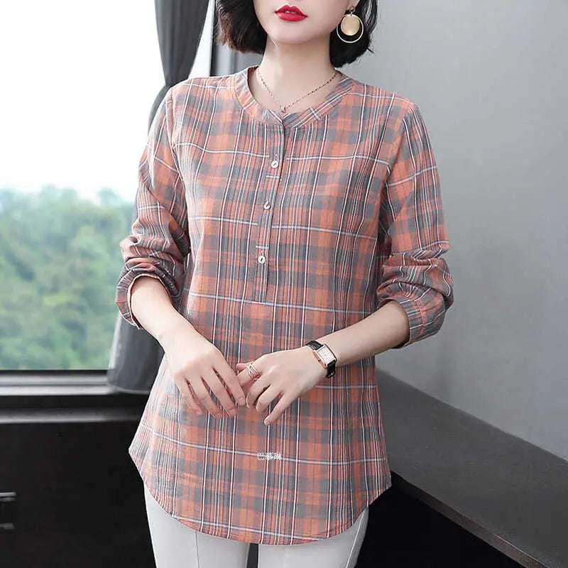 Fashion All-match Round Neck Plaid Shirt Women's Clothing Summer New Vintage Casual 3/4 Sleeve Button Spliced Pullovers Blouses