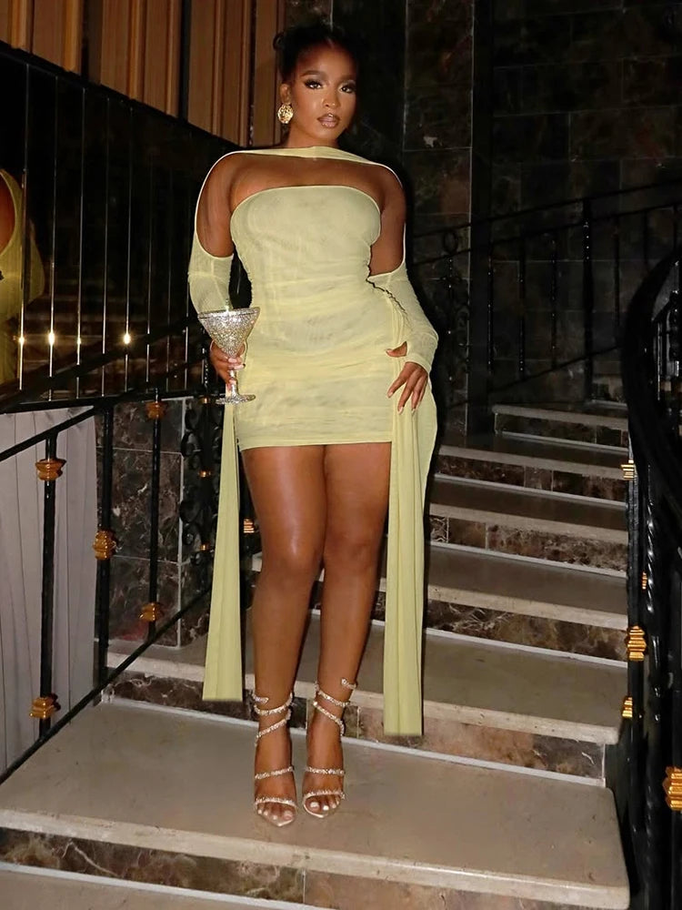 Sisterlinda Mesh Simple Mini Dress Fashion Solid Strapless Ribbons Tassel Body-shaping Vestidos+Seperately Full Sleeve Gloves