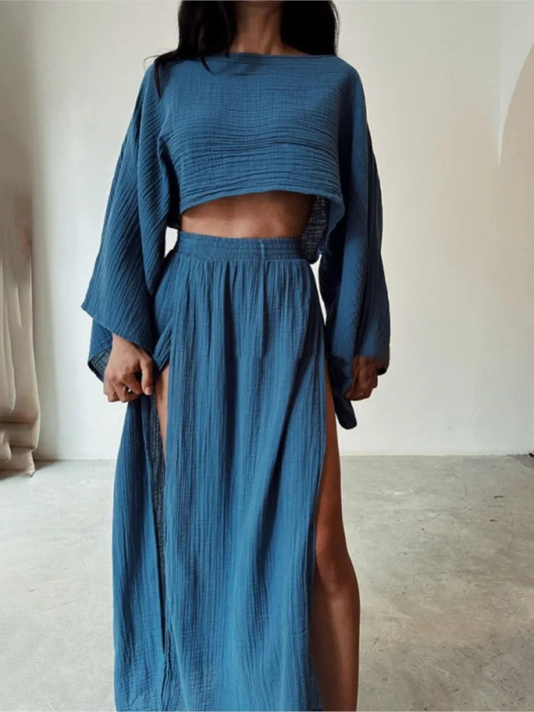 Casual Holiday Style Simple Solid Color Skirt Set Linen Blended Short Top High Waist Chic Split Cotton Linen Two-piece Set