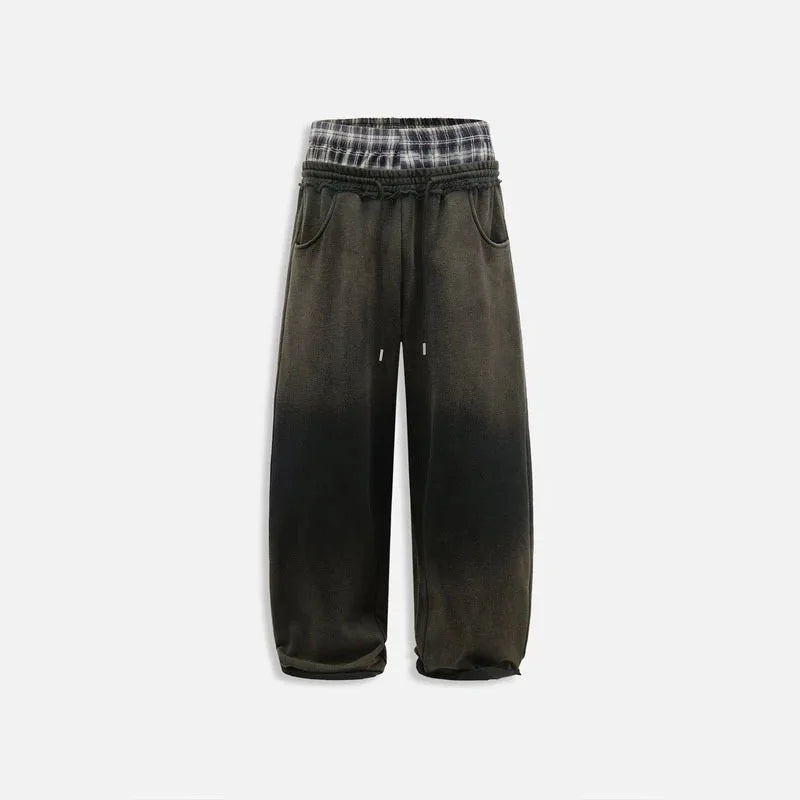 Mens Pants Washed Plaid Patchwork Double Waist Straight Leg Trousers Harajuku Unisex Low Rise Loose Fit Casual Streetwear New