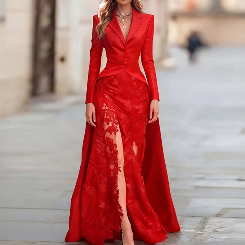 Autumn Women's Lapel Button Top and Skirt Two Piece Set Lace Patchwork Slim Fit Party Suit Elegant Solid Formal Occasion Outfit