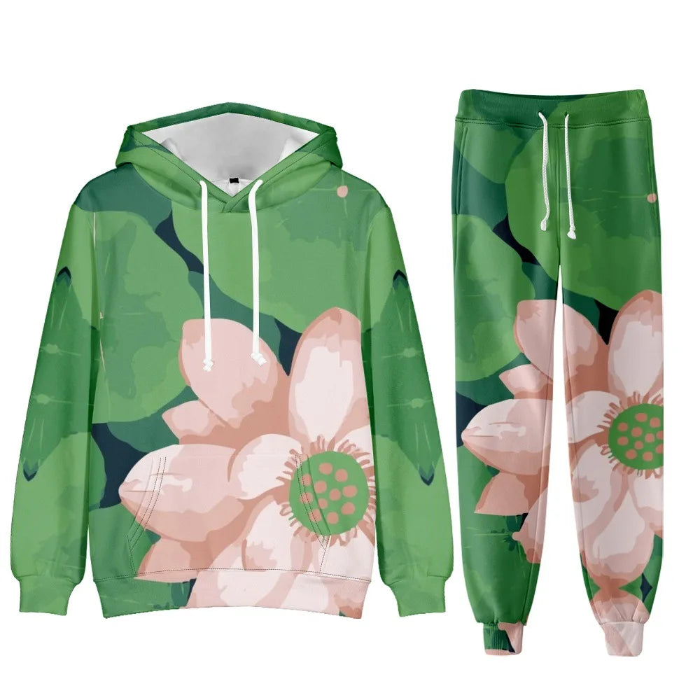 Chic Floral Elegant Suit Women's Tracksuit Funny 2 Piece Outfits Sports Lounge Hoodie Oversized Jogger Sweatpants Sweatsuit Sets