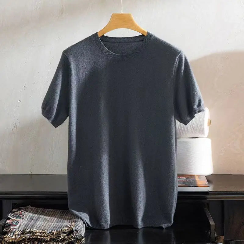 Superfine Merino Wool T Shirt Men's Knitted O-neck Breathable Thin Cashmer Short Sleeve Tee Solid Color Men's Sweater Tops