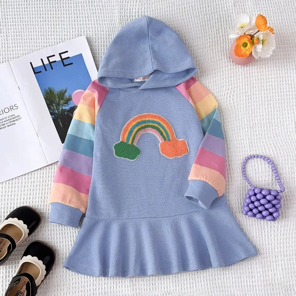 Autumn Rainbow Dress Baby Girls Party Princess Dress Korean Version Long Sleeves Kids Clothes Casual Hooded Sweatshirt Outfits