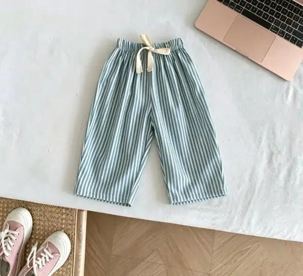 Kids Casual Loose Fit Pants Cotton Trousers With Striped Drawstring Design Multiple Color Choices Suitable For Boys And Girls
