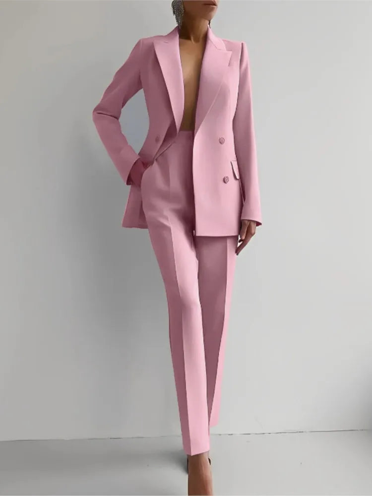 Spring Casual Long Sleeve Two Piece Blazer Pants Suit For Women Office Wear
