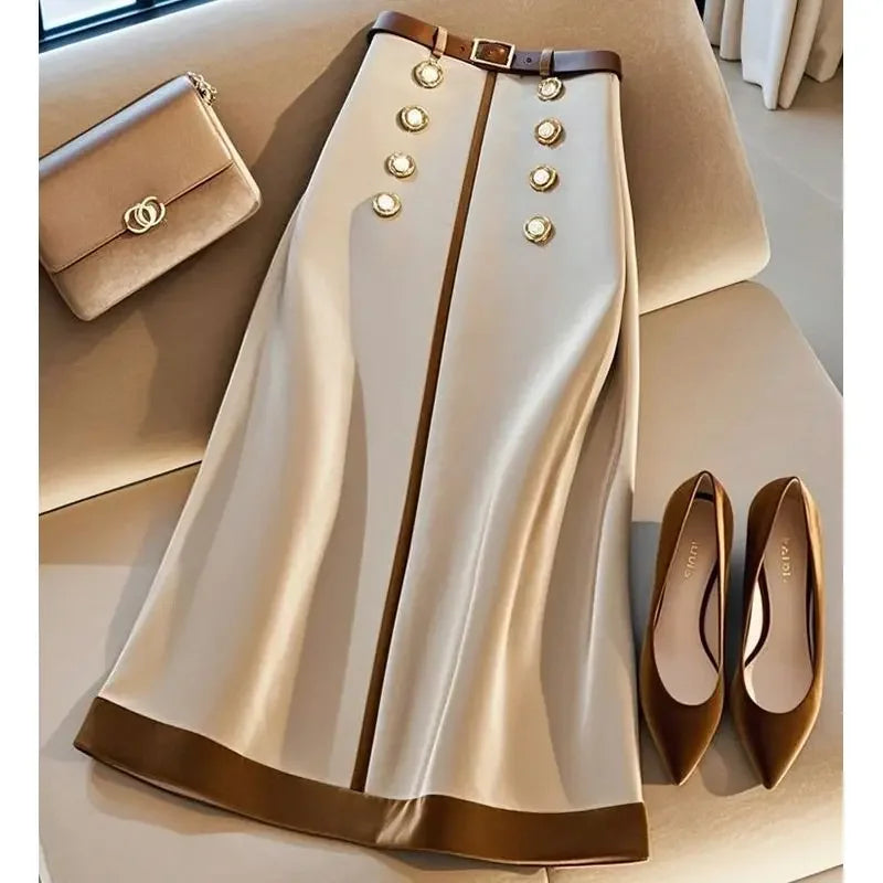 New Elegant Offie Lady Skirt Women Fashion Design Beaded Double-breasted High Waist A-line Patchwork Skirts Jupe with Belt BAZAARHUBO