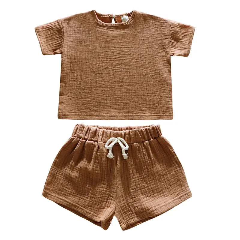 Casual Children Clothing Boys Outfit Set Solid Color Cotton Linen Short Sleeve Tops Shorts 2 PCS Summer Kids Clothing 1-7 Years